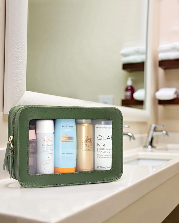 LETGO Clear Makeup Bags, TSA Approved Toiletry Bag, Small Makeup Organizer Fit Carry-on Travel Essentials,Clear Cosmetic Bags Car Organization and Storage for Women Men (Vintage Green)