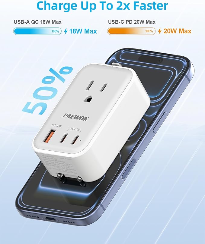 PAEWOK Travel Adapter PD 20W, Mini Universal Travel Adapter with 1 AC Outlet and USB Fast Charging, Ultra Thin International Plug Adaptor for US to European UK Italy Spain New Zealand (Type C G A I)