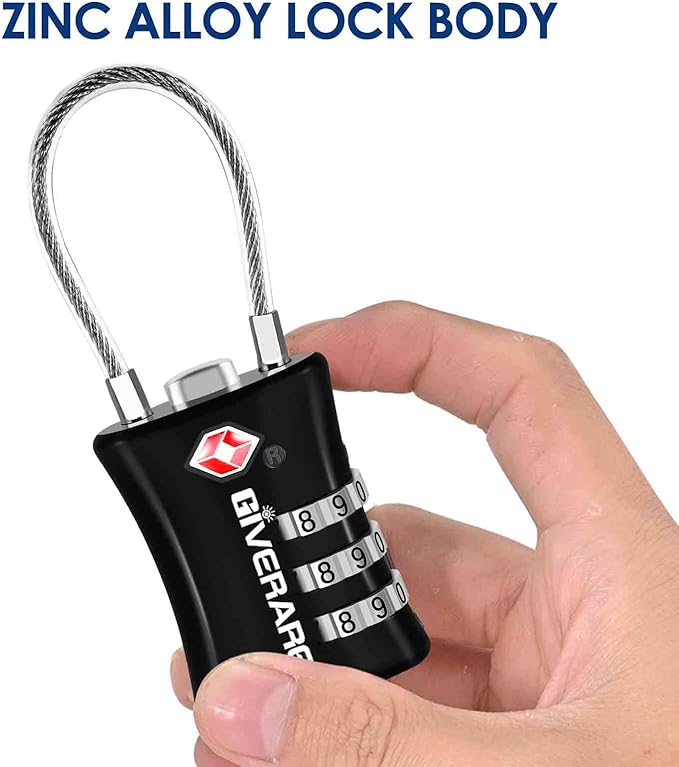 2 Pack TSA Approved Luggage Locks, Cable Suitcase Travel Lock Alloy, Set Your Own Combination Metal Zipper Padlock, 3-Digit Long Shackle Padlocks for Gym Locker, Golf Bag, Case Anti Theft-Black