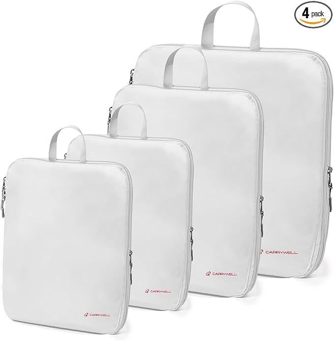 (Not Made In China) Compression Packing Cubes For Travel, Suitcase and Luggage Space Saver Organizer Bags, Lightweight, Waterproof Nylon, Durable, 4pc Set, White