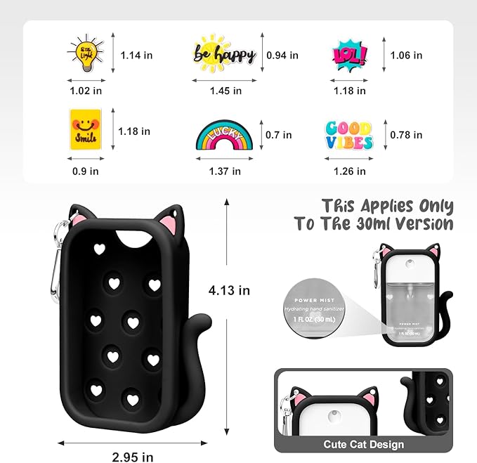Cat Silicone Case for Touchland Hand Sanitizer Spray with Keychain, Compatible with Power Mist & Glow Mist 1 FL Oz/30ML for Touchland Case, with Charms Accessory Cute Travel Cover Sleeve Black