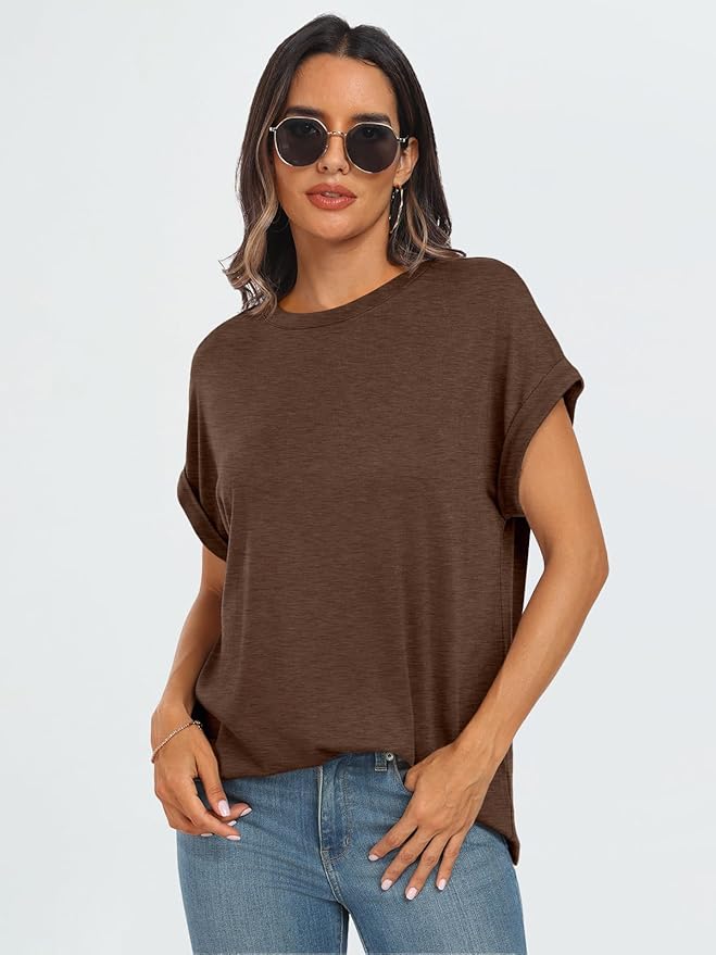 AUTOMET Women's Oversized Short Sleeve T Shirts Casual Drop Shoulder Rolled Cuff Summer Tops for Work, Travel and Lounge