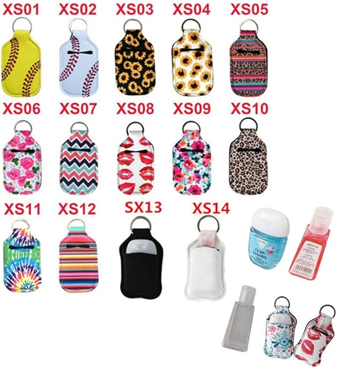 4 Piece Bottle Holder Keyring Neoprene Keychain for 30ML Gym Shampoo Soap Perfume and Liquids Travel Containers