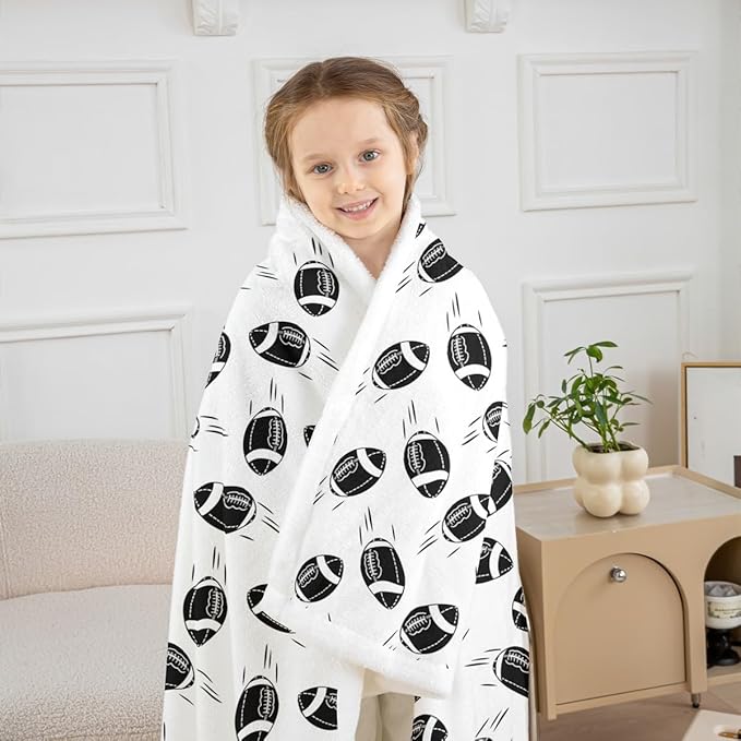 American Football Kids Throw Blanket,Ball Sports Games Competition Bed Blanket for Girls Boys Adults,Cartoon Modern Fashion Fleece Blanket,Black White Fuzzy Blanket,40 x 50 Inches