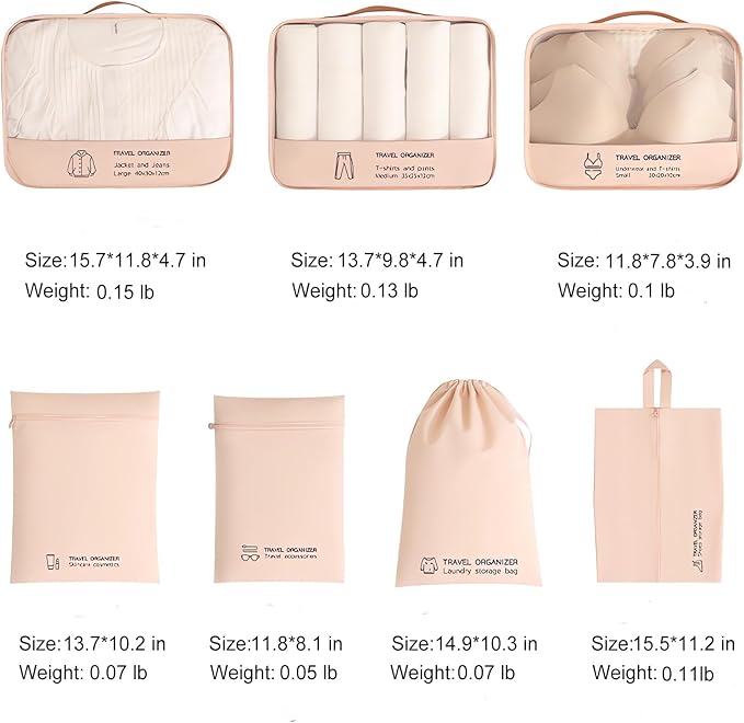 7PCS Packing Cubes for Travel Luggage Organizers Shoe & Toiletry Bag Light Packing Cubes Clothing Underwear Bag Accessories and Essentials for Mom & Women (Pink)