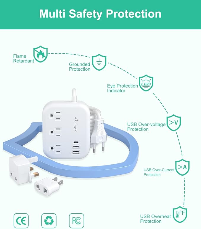 European Travel Plug Adapter, Alitayee EU/UK/US Travel Power Strip with 3 Outlets 3 USB Ports, International Universal Plug Adapter with 3ft Extension Cord to EU UK Italy Spain France Germany Cruise