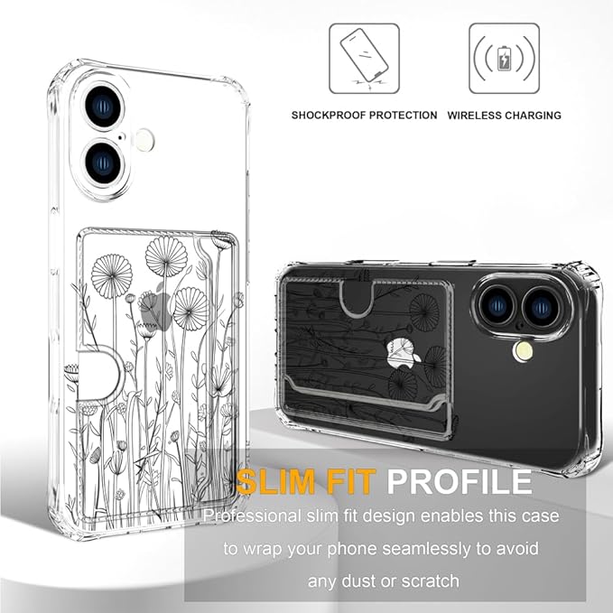 Compatible with iPhone 17 Case Card Holder for Women Cute Design,Wallet Phone Cases Transparent Cool Kawaii Protective (Clear Black Flower Bouquet)