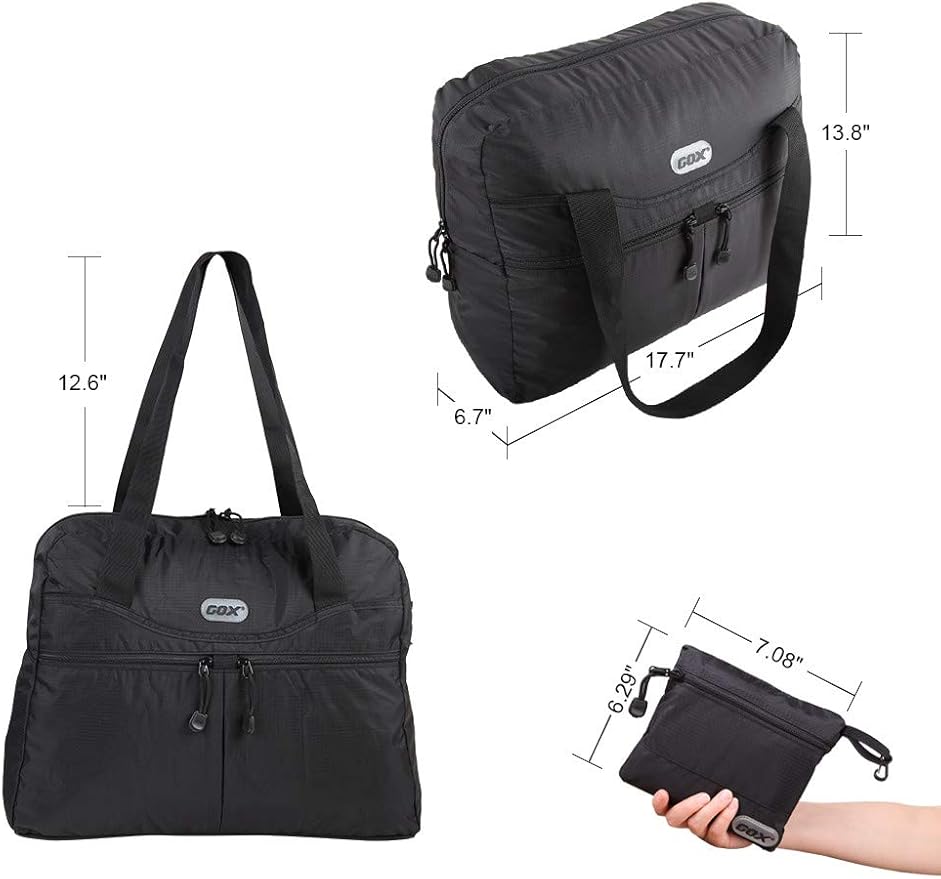 GOX Packable Tote Bag – Under Seat Airline Personal Item, Lightweight Foldable Travel Duffel 28L, Nylon Shoulder Bag for Women Men, Carry-on Weekender for Plane Gym (Black)
