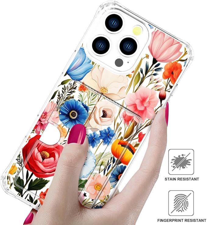 Compatible with iPhone 16 Pro Case Card Holder for Women Cute Design,Wallet Phone Cases Transparent Cool Kawaii Protective (Clear Flower Art Rose Peony)