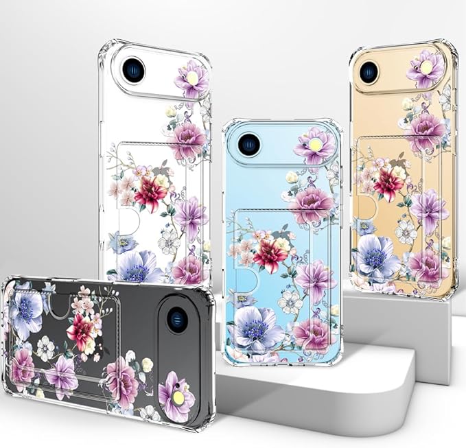 Compatible with iPhone 17 Air Case Card Holder for Women Cute Design,Wallet Phone Cases Transparent Cool Kawaii Protective (Clear Wonderful Large Flowers)