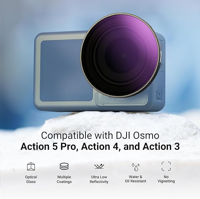 NEEWER Variable ND Filter Compatible with DJI Osmo Action 5 Pro/4/3, ND64-256 6-8 Stops Snap On Multicoated HD Optical Glass Neutral Density Action Camera Lens Filter Accessories