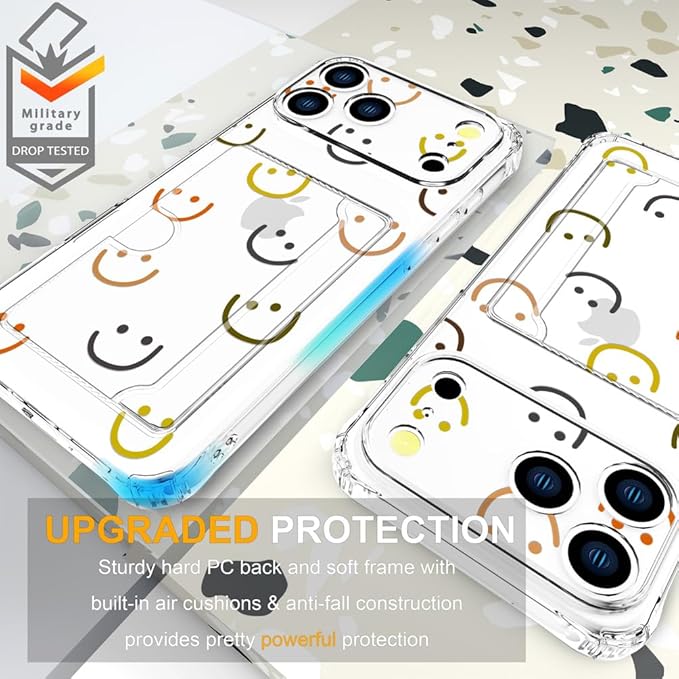 Compatible with iPhone 17 Pro Case Card Holder for Women Cute Design,Wallet Phone Cases Transparent Cool Kawaii Protective (Clear Smiley Face)