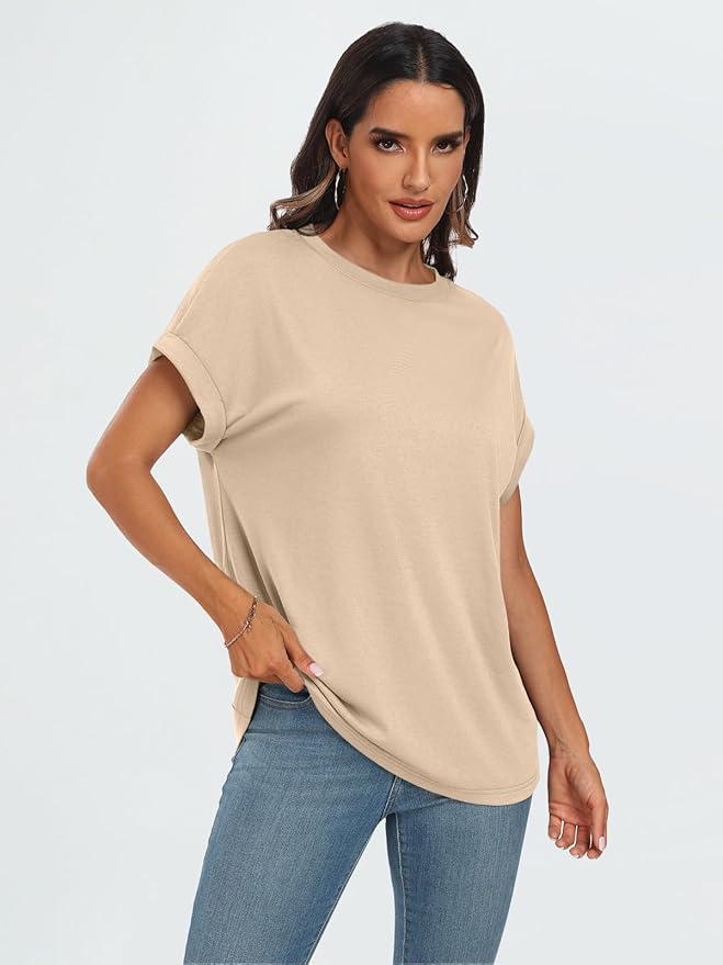 AUTOMET Women's Oversized Short Sleeve T Shirts Casual Drop Shoulder Rolled Cuff Summer Tops for Work, Travel and Lounge