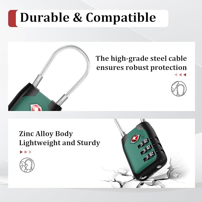 Joyway TSA Approved Luggage Lock, 3 Digit Combination Cable Lock with Alloy Body, Travel Combination Locks for Suitcases, Backpack and Golf Bag (Coral Blue, 2Pack)