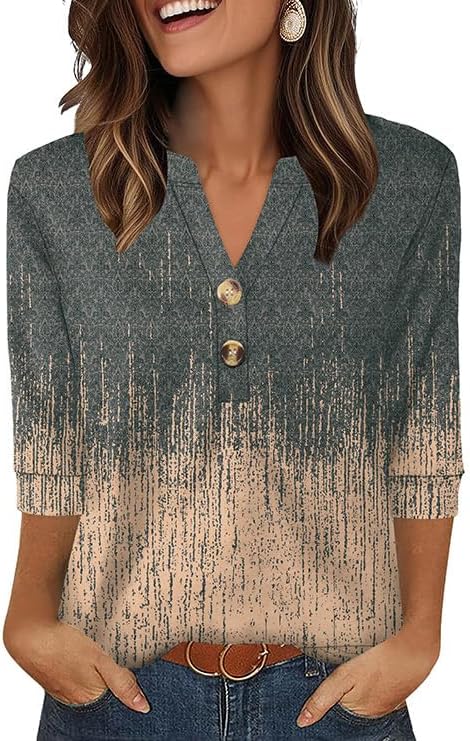 OFEEFAN Womens Tops 3/4 Sleeve Henley Shirts for Women Summer Outfits Fashion Clothing
