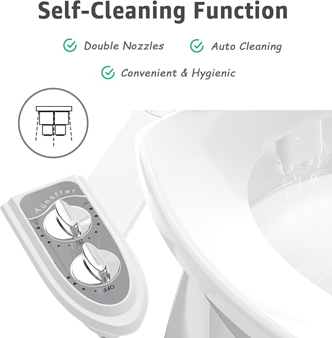 Aünsffer Bidet Attchment for Toilet Grey, Cold Water No-Electric, 3 Wash Modes [Frontal Wash + Rear Wash + Self-Cleaning]，Dual Nozzles Water Pressure Adjustable, Grey