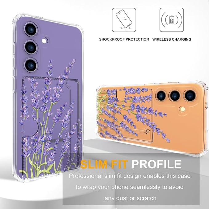 Compatible with Samsung Galaxy S24+ Plus / S25+ Plus Case Card Holder for Women Cute Design,Wallet Phone Cases Transparent Cool Kawaii Protective (Clear Purple Lavender)
