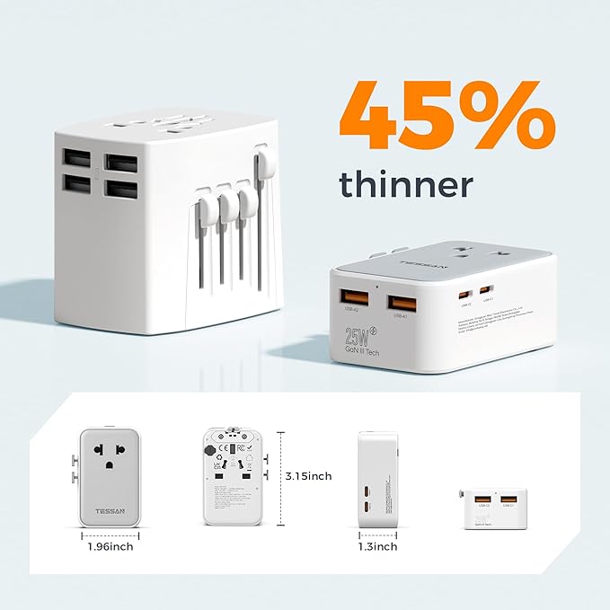 TESSAN Universal Travel Adapter PD 25W, Ultra Thin International Power adapter Fast Charger, Worldwide Plug Adaptor with 2 USB A 2 USB C for US to European UK Australia Ireland (Type C G A I)