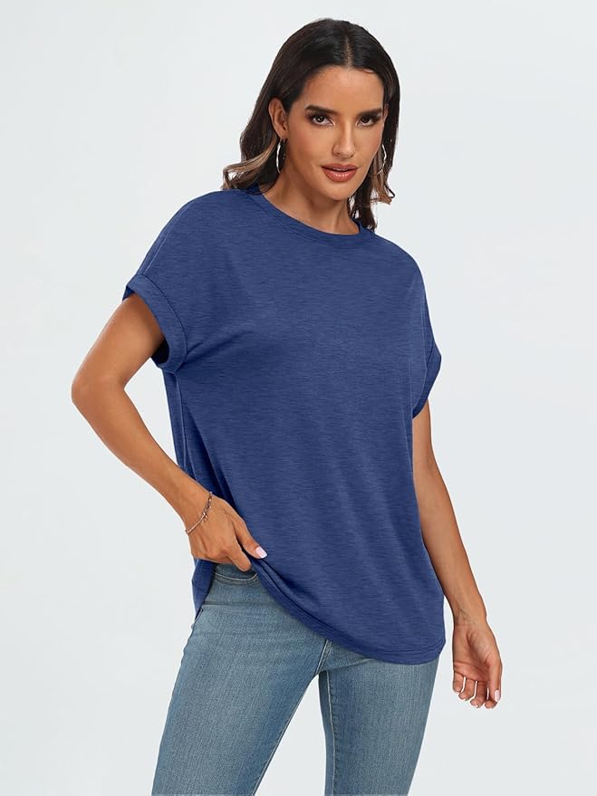 AUTOMET Women's Oversized Short Sleeve T Shirts Casual Drop Shoulder Rolled Cuff Summer Tops for Work, Travel and Lounge