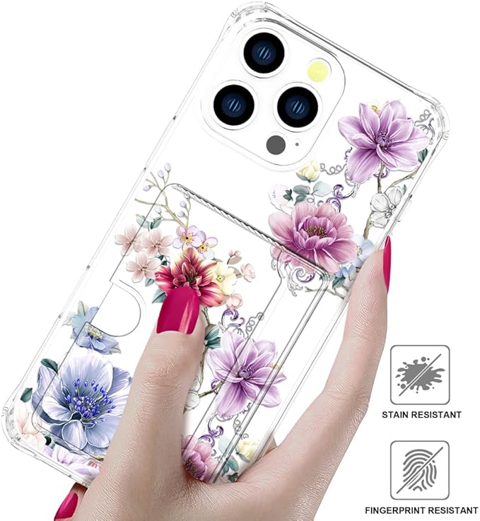 Compatible with iPhone 16 Pro Case Card Holder for Women Cute Design,Wallet Phone Cases Transparent Cool Kawaii Protective (Clear Wonderful Large Flowers)