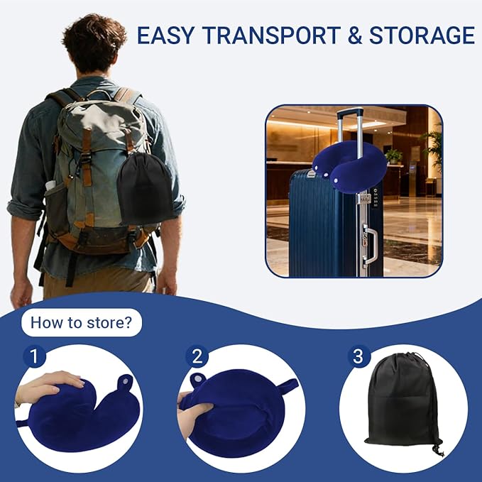 Travel Pillow with Removable Large Hood, Memory Foam Neck Pillow for Airplane, Car, Train Travel Sleeping & Rest, with Soft Cover (Blue)