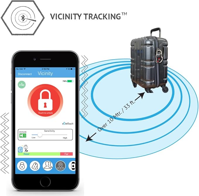 eGeeTouch Smart Travel Padlock with Patented Dual Access Technologies (NFC + BT), Vicinity Tracking, etc. (BLACK)