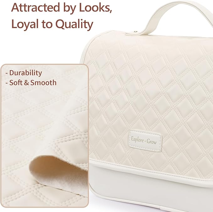 PACKISM Hanging Travel Toiletry Bag for Women - Quilted Plaid PU Leather Travel Makeup Bag with Detachable Bag, Waterproof Cosmetic Bag for Full-Sized Toiletries Fit Bathroom Cruise, Off-white (M)