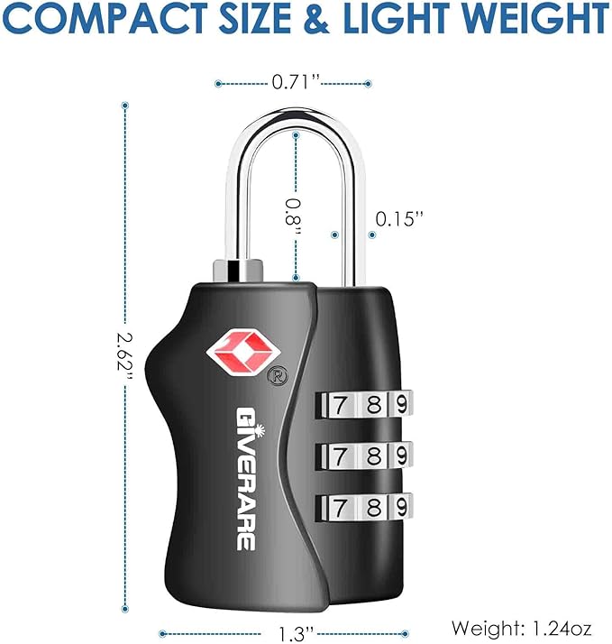 2 Pack TSA Approved Travel Luggage Locks, Combination Lock Keyless, 3-Digit Padlocks, Travel Sentry Accepted Compatible Padlock for Gym Locker, Golf Bag Case, Backpack, Black-by GIVERARE