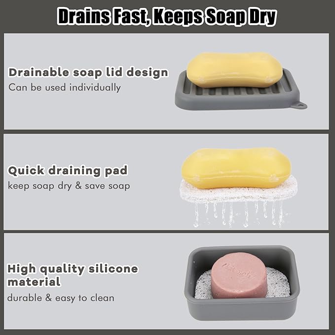 Silicone Leak-Proof Travel Soap Case, Portable Soap Container with Removable Draining Pad, Compact Soap Box for Travel, Gym, Camping, Bathroom(Dark Gray)