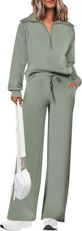 PRETTYGARDEN Women's 2 Piece Outfits Casual Lapel Half Zip Sweatshirts and Wide Leg Pants Tracksuit Sets