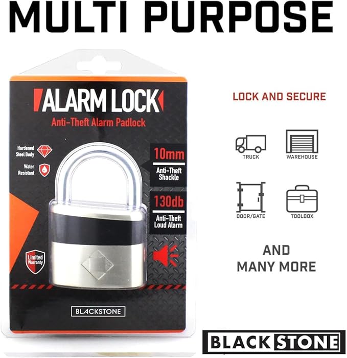 Blackstone Anti-Theft Loud 130db Alarm Padlock Weather Proof Heavy Duty Multi Purpose (10mm Shackle)