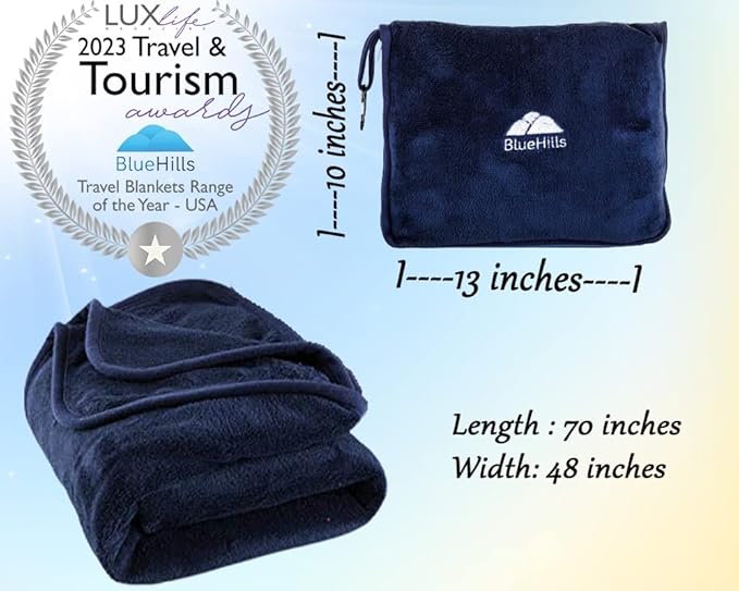 BlueHills Soft Long Travel Blankets 70X48 inches Large Plush Value Pack of 3 - Premium Airplane Essential Flight Throw in a Bag Compact for Plane Travel Gift – Gray, Navy Blue and Beige