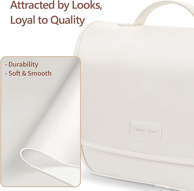 PACKISM Hanging Travel Bag for Traveling - Soft PU Leather Waterproof Travel Toiletry Bag for Full-Sized Toiletries, with Inner Pockets for Small Items, U Wide Open and Detachable Bag, Off White (L)