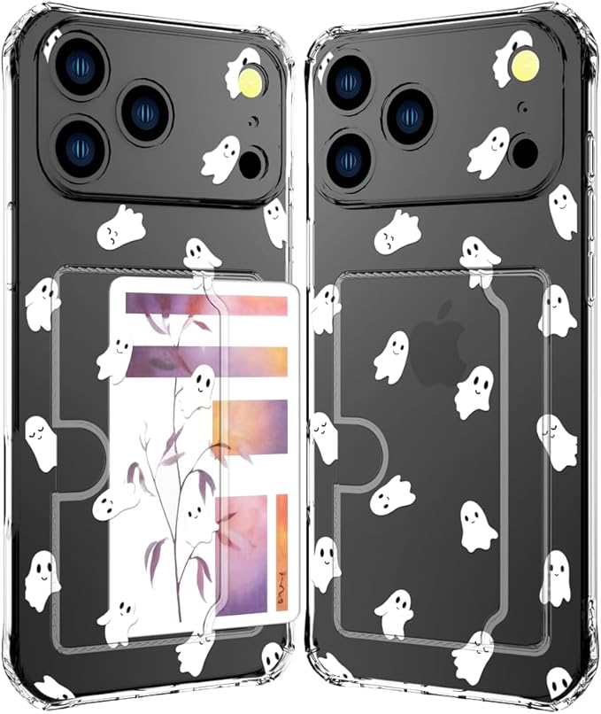 Compatible with iPhone 17 Pro Case Card Holder for Women Cute Design,Wallet Phone Cases Transparent Cool Kawaii Protective (Clear Ghosts Halloween Hallowmas)