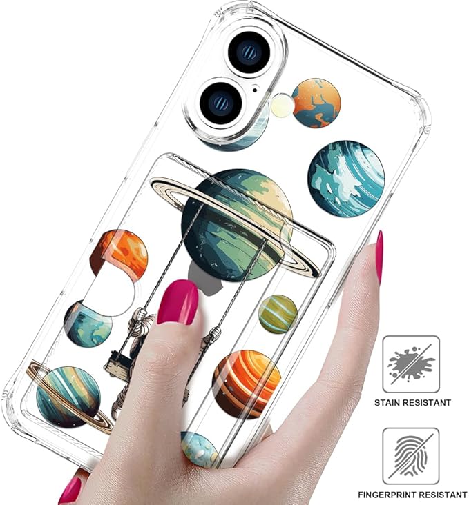 Compatible with iPhone 17 Case Card Holder for Women Cute Design,Wallet Phone Cases Transparent Cool Kawaii Protective (Clear Astronaut Space Planets)