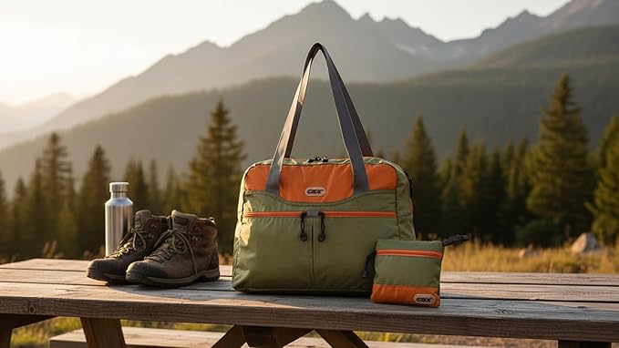 GOX Packable Tote Bag – Under Seat Airline Personal Item, Lightweight Foldable Travel Duffel 28L, Nylon Shoulder Bag for Women Men, Carry-on Weekender for Plane Gym (Green&Orange)
