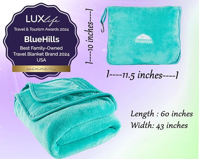 BlueHills Premium Soft Mini Plush Travel Blanket Value Pack Set of 2 - Airplane Travel Essential Flight Blanket Throw in a case Compact for Car Plane Travel Gift – Light Pink and Teal Green
