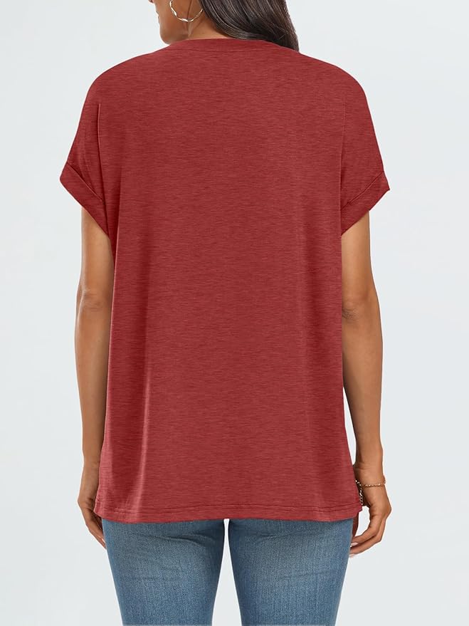 AUTOMET Women's Oversized Short Sleeve T Shirts Casual Drop Shoulder Rolled Cuff Summer Tops for Work, Travel and Lounge