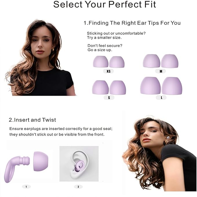 Ear Plugs for Sleeping, 2 Pairs Ear Plugs for Sleeping Noise Cancelling, 35dB Reusable Silicone Earplugs for Noise Reduction, Sleep, Work, Hearing Protection, Concert and Snoring, Purple