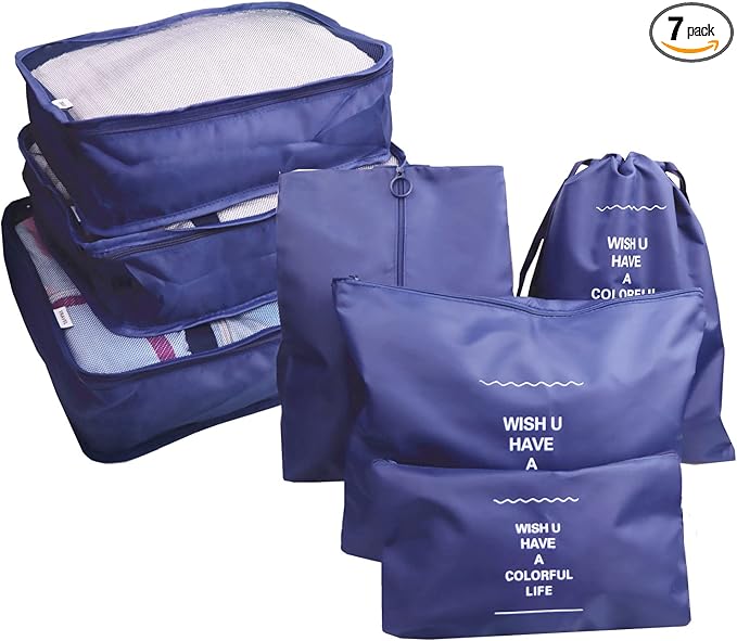 7 Set Packing Cubes Compression, Travel Packing Organizers Cubes, Clothes Storage Bags, Luggage Suitcase Organizer Bags, Travel Bag Organizer Packing Bags for Carry on Suitcase (Navy Blue)