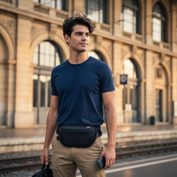 GOX Money Belt for Men Travel, Anti-Theft Hidden Waist Pack, RFID Secure Travel Belt for Men, Ultra-Thin Under-Clothes Passport Wallet with Documentry Safety & Money Holder (Black-L)