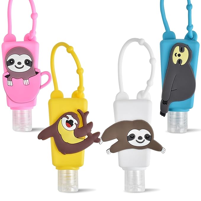 Refillable Travel Bottles Containers, 4 Pack Hand Sanitizer Travel Size Holder with Empty Silicone Bottles Case Keychain Carrier, Leak Proof Portable Bottle for Liquid Soap, Lotion (Sloth)