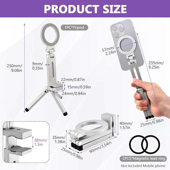 Magnetic Tripod for Phone,360° Rotating Phone Tripod Stand,Adjustable,Clipable,Foldable and Triangular Fixing Airplane Travel Essentials Phones Holder for Phones(Silver,Size:19 * 16cm)