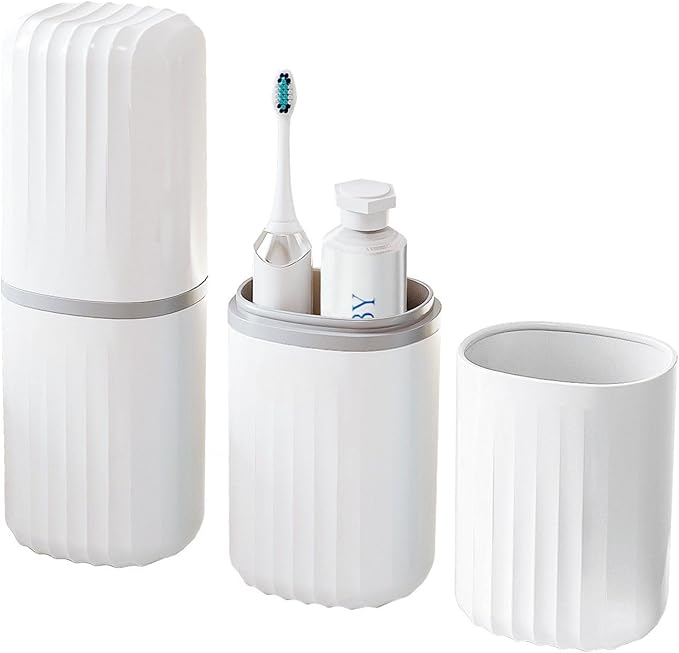 Topavatop Toothbrush Travel Case, 2 in 1 Toothbrush Holder and Rinse Cup, Large Capacity Toothbrush Cup with Cover, Portable Travel Toothbrush Holder for Traveling, Camping, Trip - 1Pcs - White
