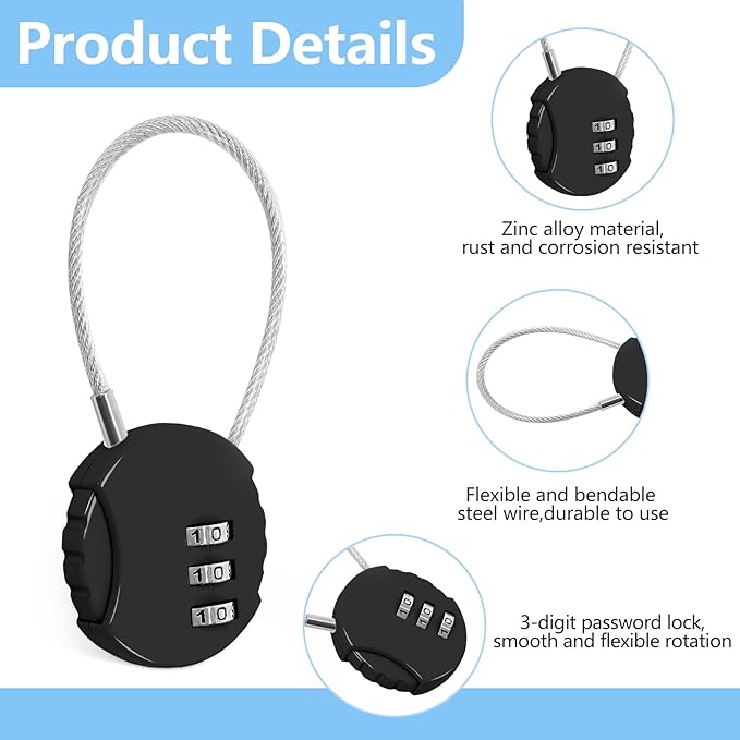 Moxweyeni 32 Pack Combination Wire Lock 3 Digit Small Combo Luggage Number Cable Padlock Outdoor Waterproof Resettable Lock for School Gym Locker Travel Backpack Suitcase Storage (Black)