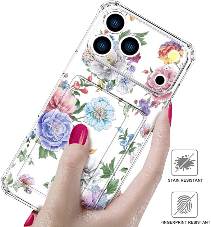 Compatible with iPhone 17 Pro Max Case Card Holder for Women Cute Design,Wallet Phone Cases Transparent Cool Kawaii Protective (Clear Amazing Lovely Flowers)