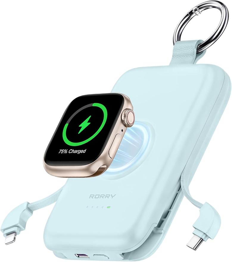RORRY Portable Charger, 10000mAh PD 20W Fast Charging Portable Charger Power Bank with Built in Cables, Travel Battery Pack for iPhone and Apple Watch Ultra/11/10/9/8/7/6/5, Blue