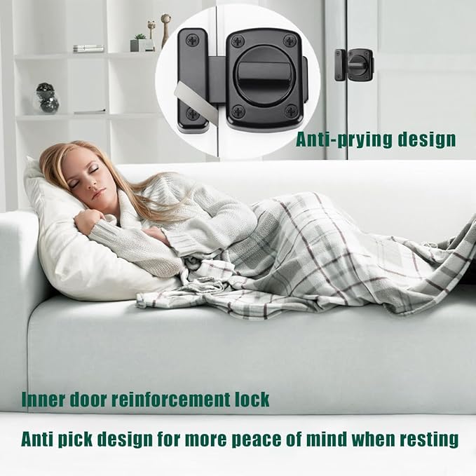 Inner Door Reinforcement Locks Latch, Door Bolt Door Safety Lock from Inside, Single Door French Door Lock, Extra Door Lock from Inside Suitable for Bedrooms, Bathrooms, RV, Black