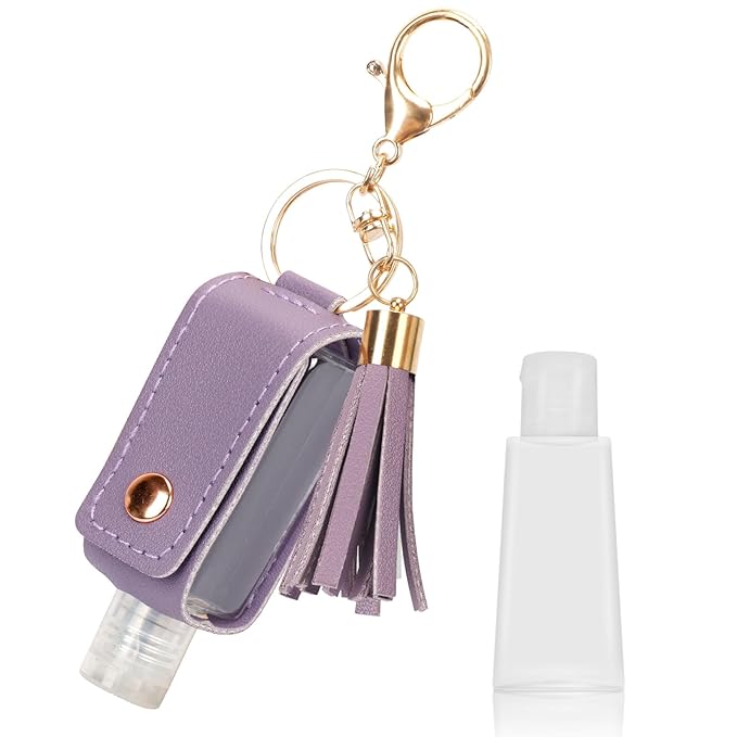 Unaone 1oz/30ml Hand Sanitizer Holder Travel Size, Empty Bottle Leather Sanitizer Holder with Keychain Portable Small Squeeze Bottle Refillable Container for Toiletry Lotion Liquid Soap Shampoo Purple