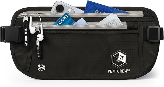VENTURE 4TH Money Belt for Travel – Hidden Under-Clothes RFID Blocking Passport Holder & Slim Travel Wallet Pouch for Men & Women to Protect Cash, Cards & Documents (Black)